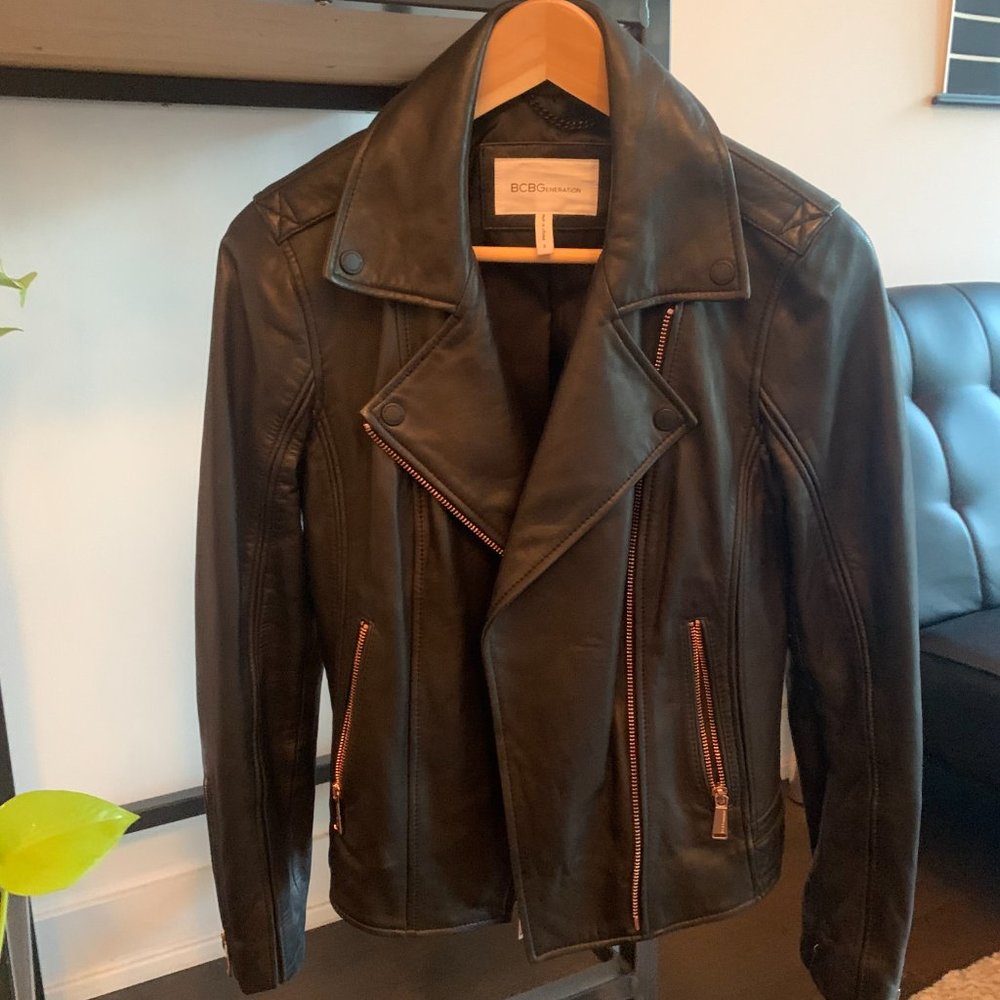 Black leather jacket, rose gold zipper